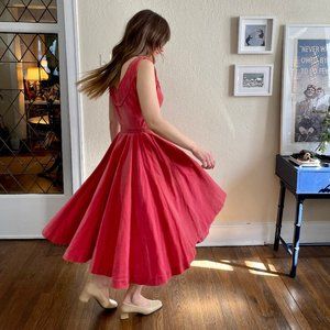 Vintage coral velvet 1950s swing cocktail dress